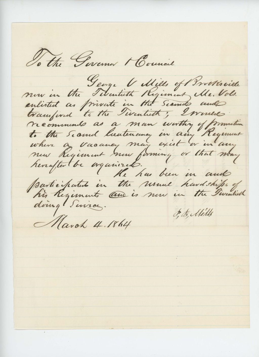 Miniature of P.B. Mills recommends George V. Mills of Brooksville for promotion to 2nd Lieutenant