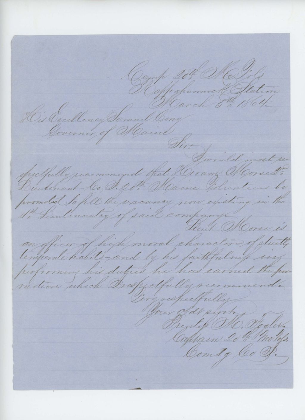 Miniature of Captain Prentiss M. Fogler recommends Lieutenant Hiram Morse for promotion