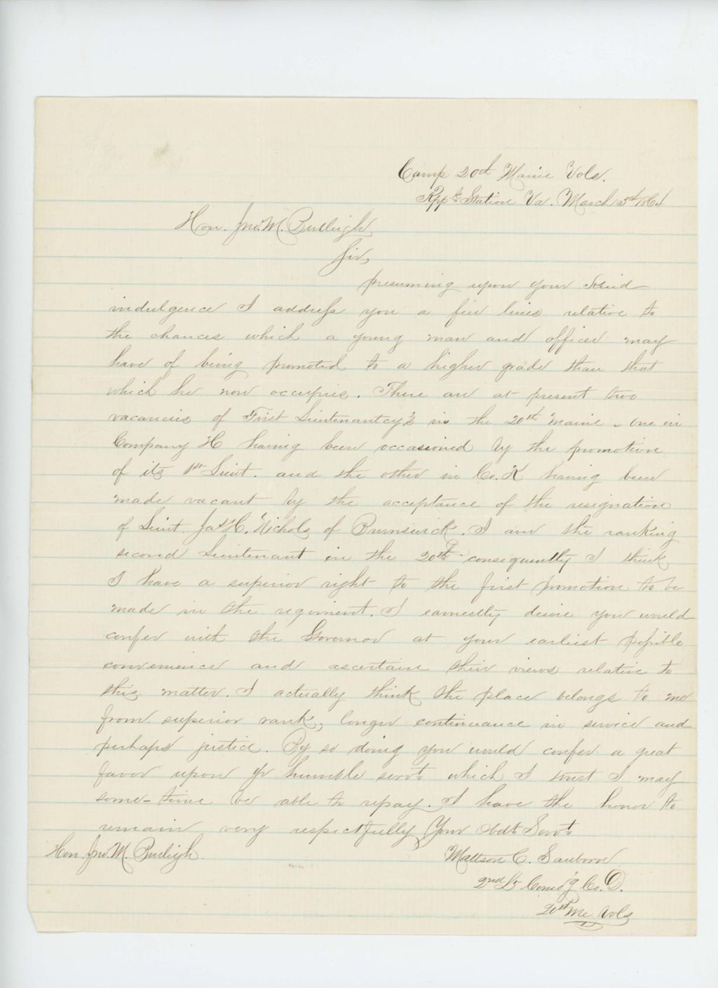 Miniature of Lieutenant Mattson C. Sanborn writes to Honorable Jonathan M. Burleigh to request a promotion