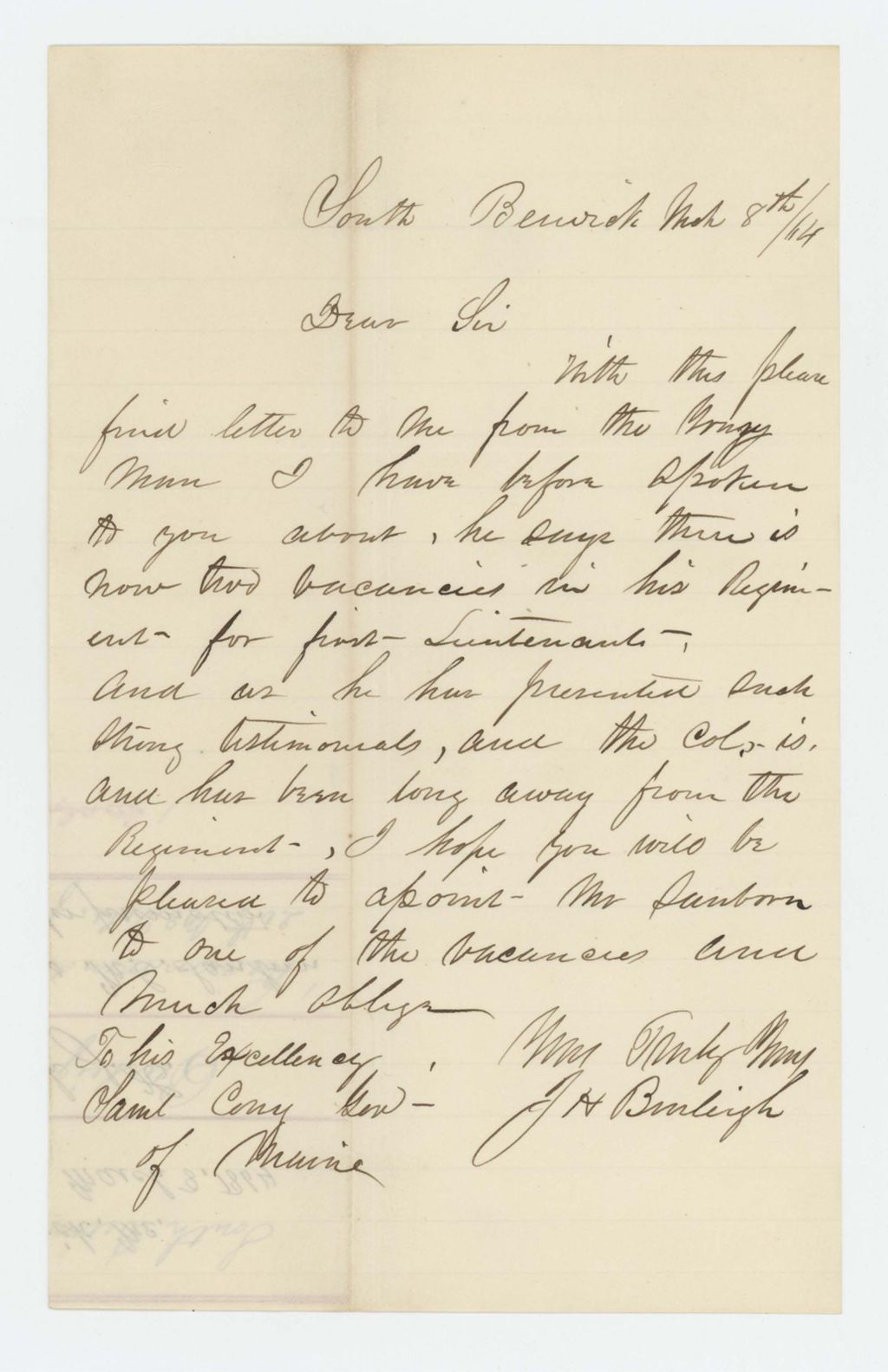 Miniature of Jonathan H. Burleigh recommends Mattson C. Sanborn for promotion