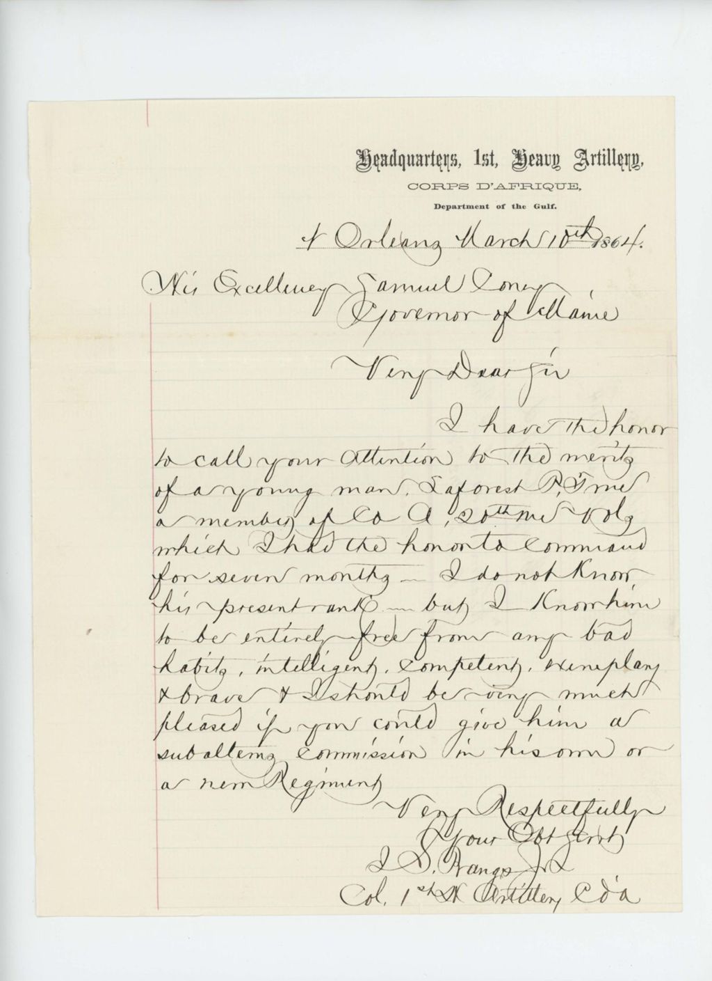 Miniature of Colonel Isaac Sparrow Bangs recommends LaForest True for promotion