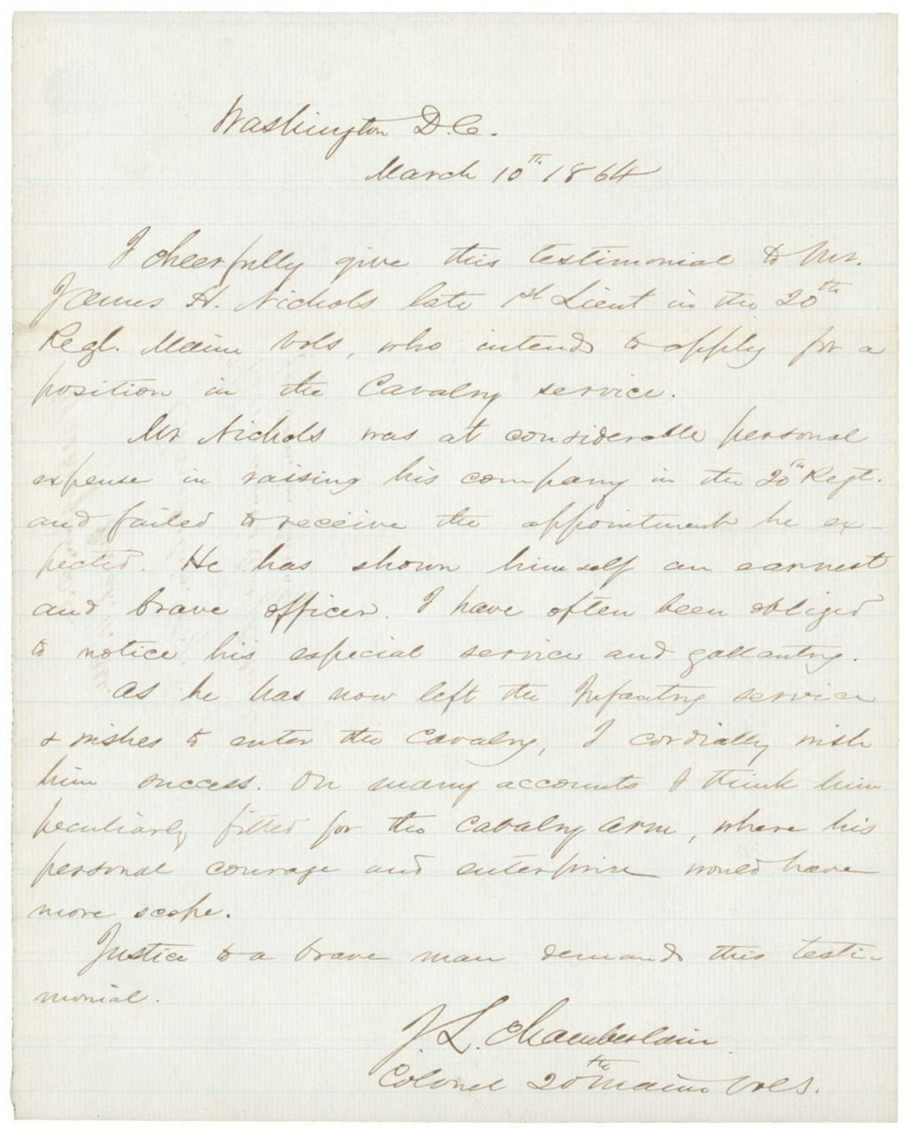 Miniature of Chamberlain recommends Lt. James Nichols for a Cavalry commission