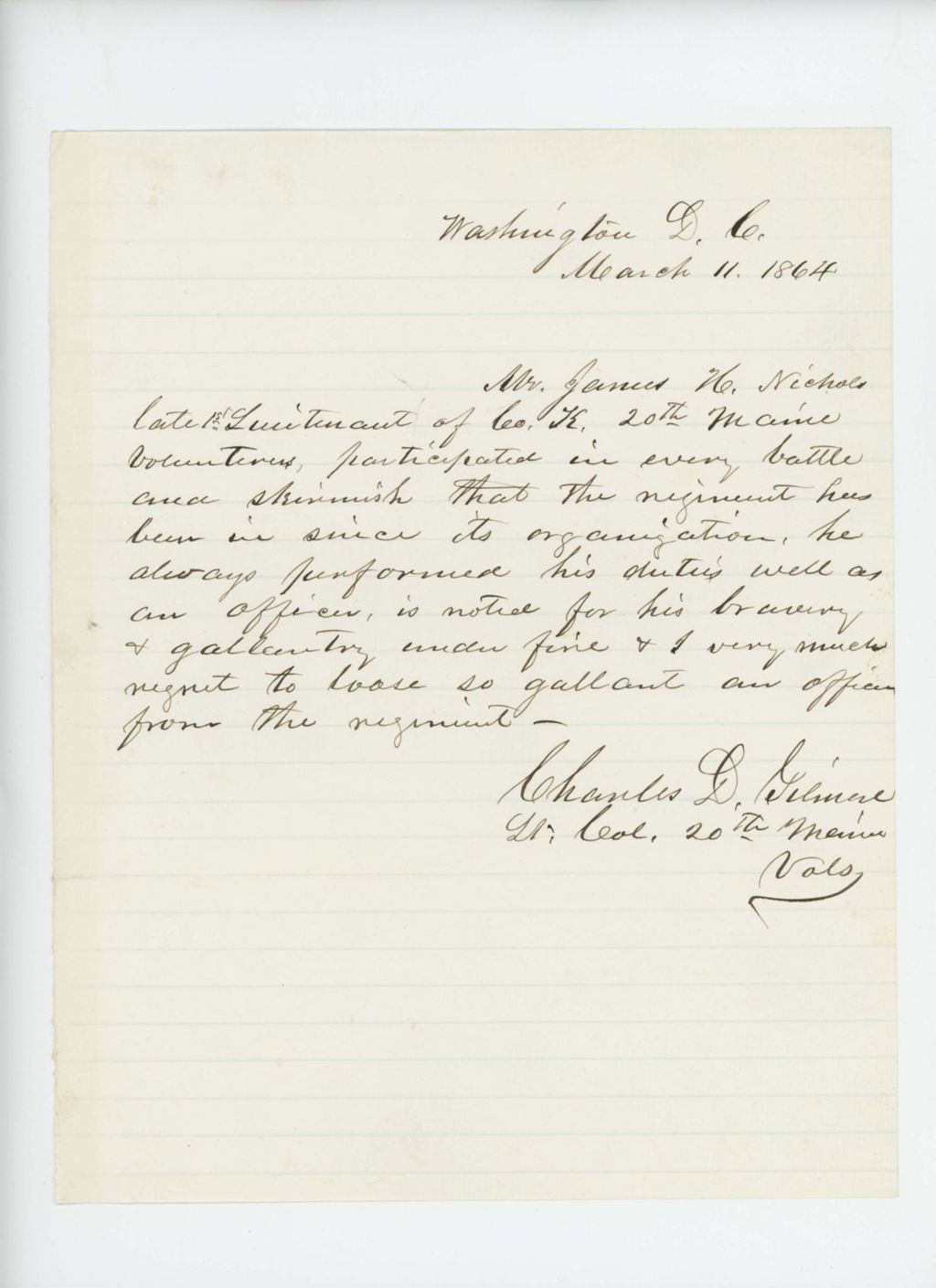 Miniature of Lieutenant Colonel Charles Gilmore expresses regret at the loss of Lieutenant James Nichols