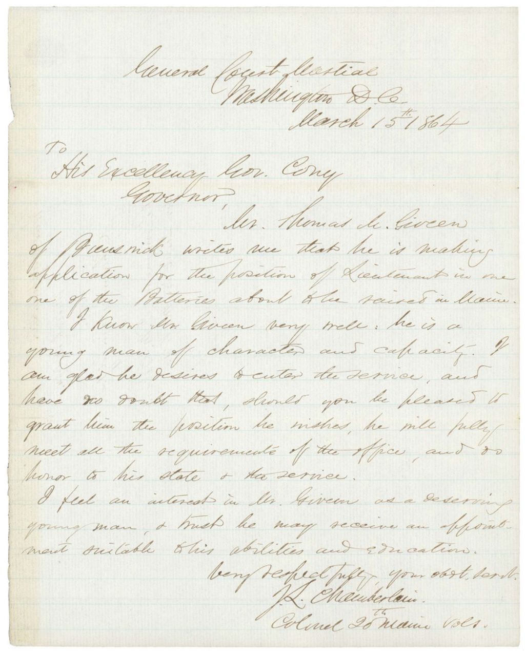 Miniature of Chamberlain recommends Thomas Given for lieutenant