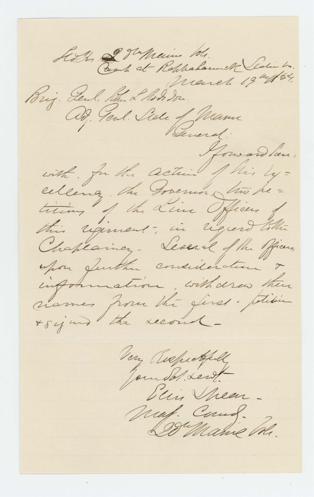 Miniature of Major Ellis Spear writes to John Hodsdon regarding petitions for promotions