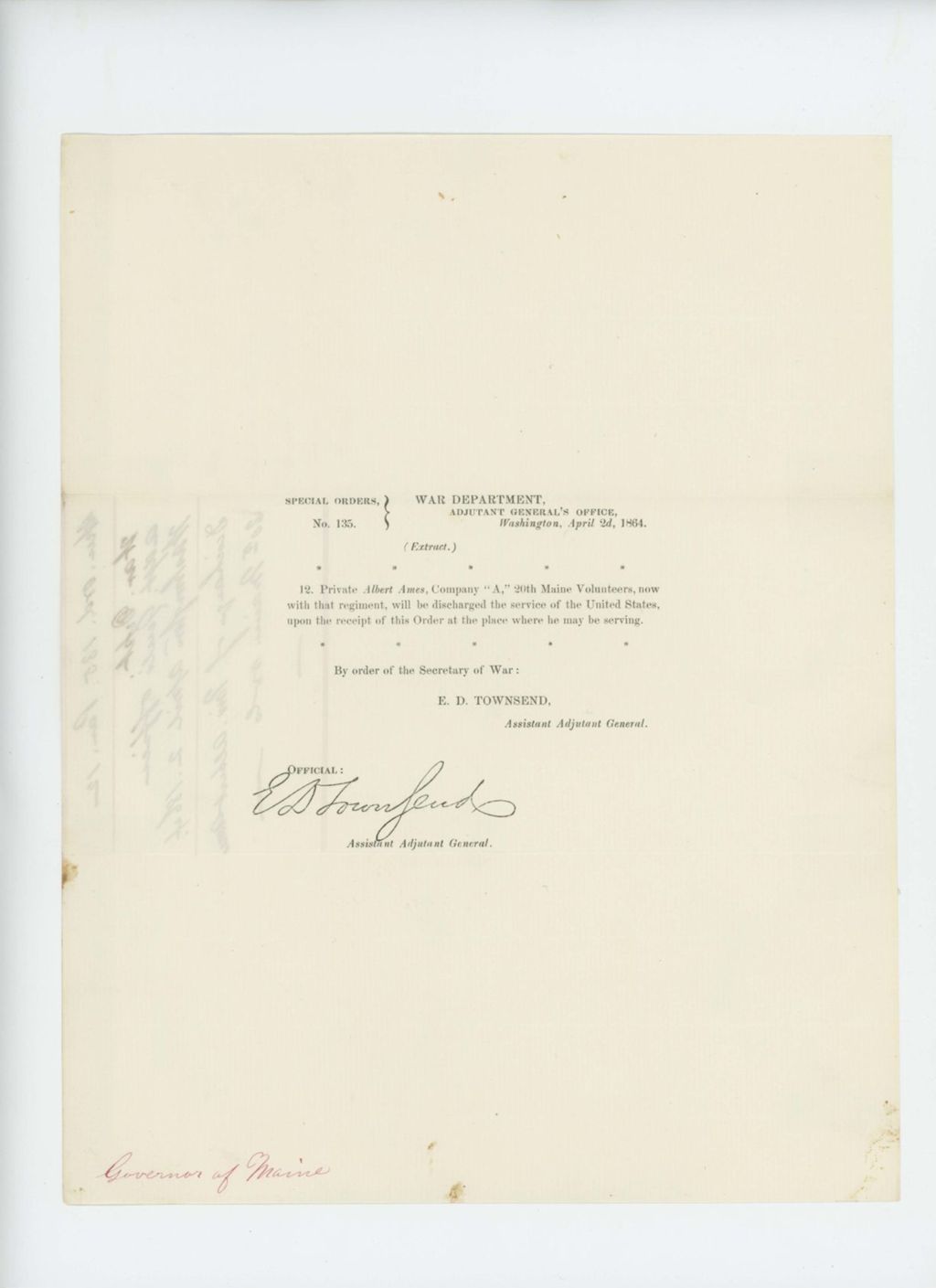 Miniature of Special Order 135 discharging Private Albert Ames from service