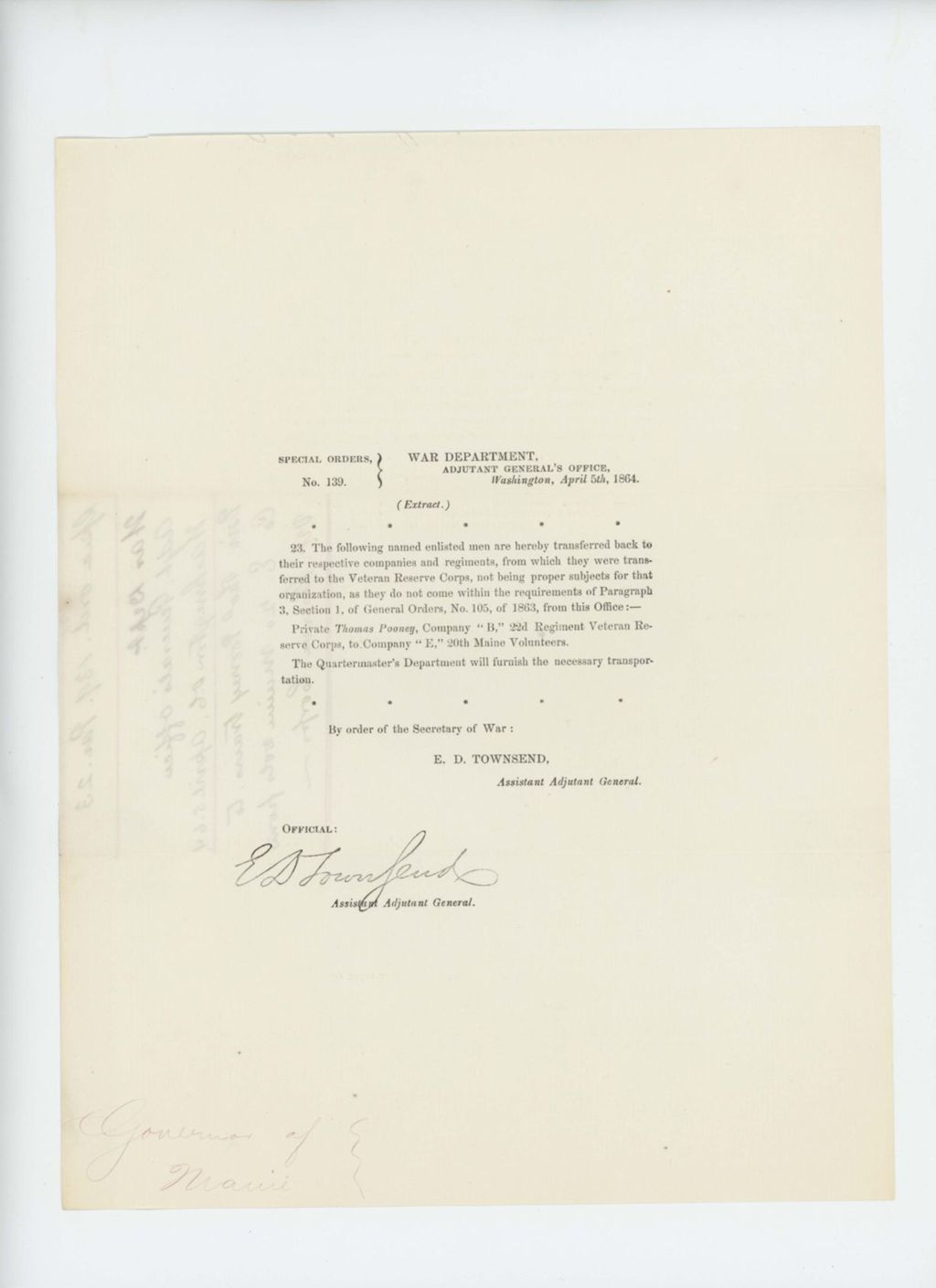 Miniature of Special Order 139 transferring Private Thomas Pooney from 22nd Veterans' Regiment to Company E, 20th Maine