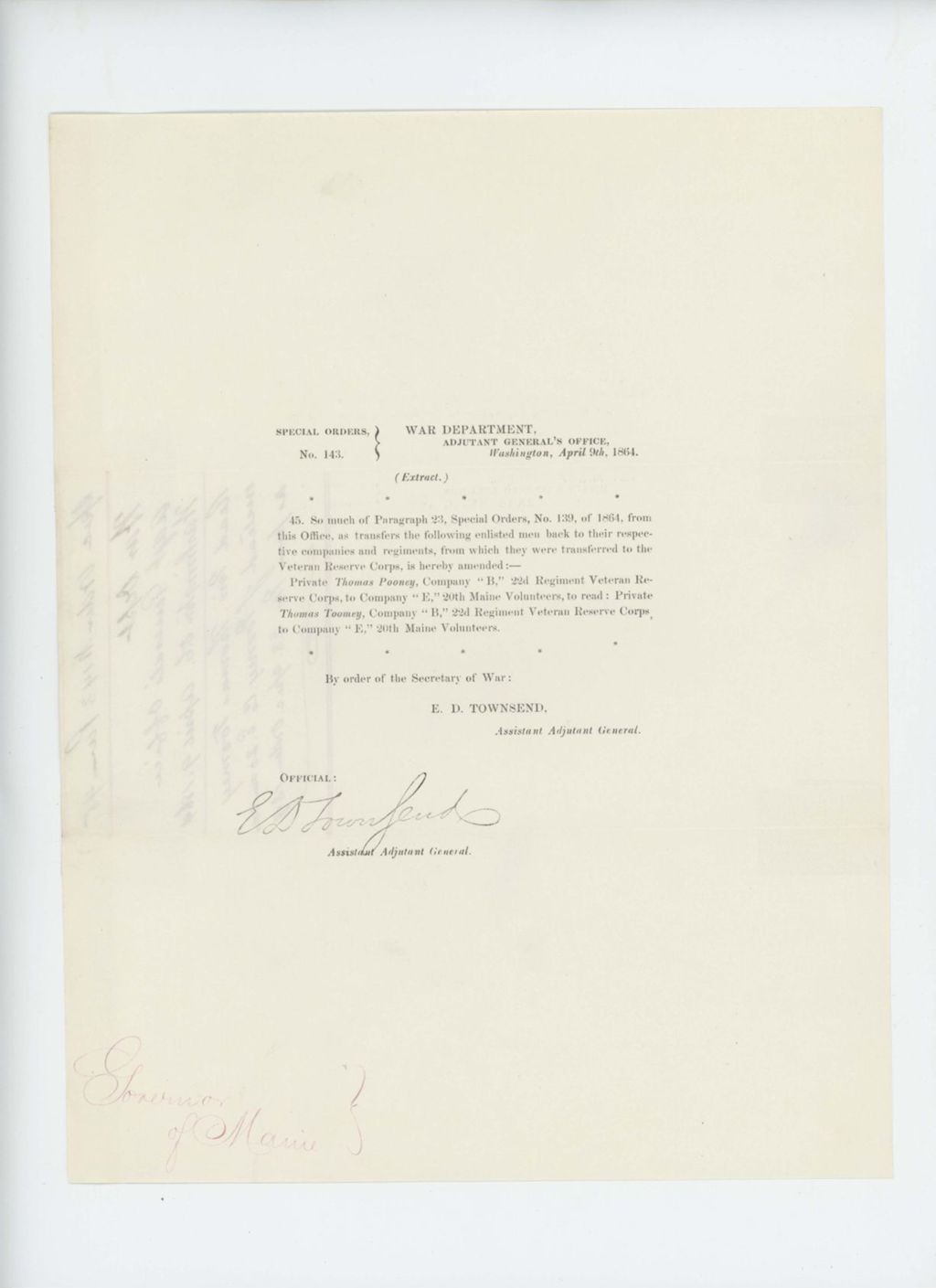 Miniature of Special Order 143 amends name of Private Thomas Pooney to Thomas Toomey