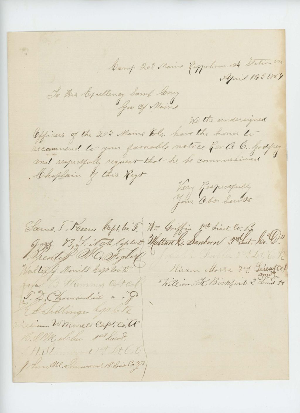Miniature of Samuel Keene and other officers request Reverend A.C. Godfrey be commissioned as chaplain