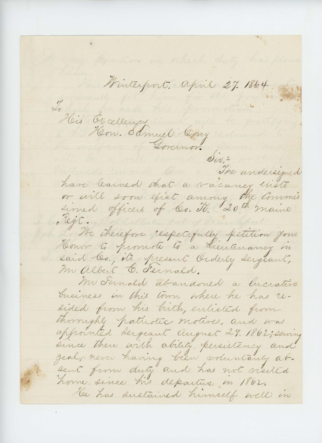 Miniature of Job Lord and town officials of Winterport and Frankfort recommend the promotion of Albert E. Fernald to lieutenant