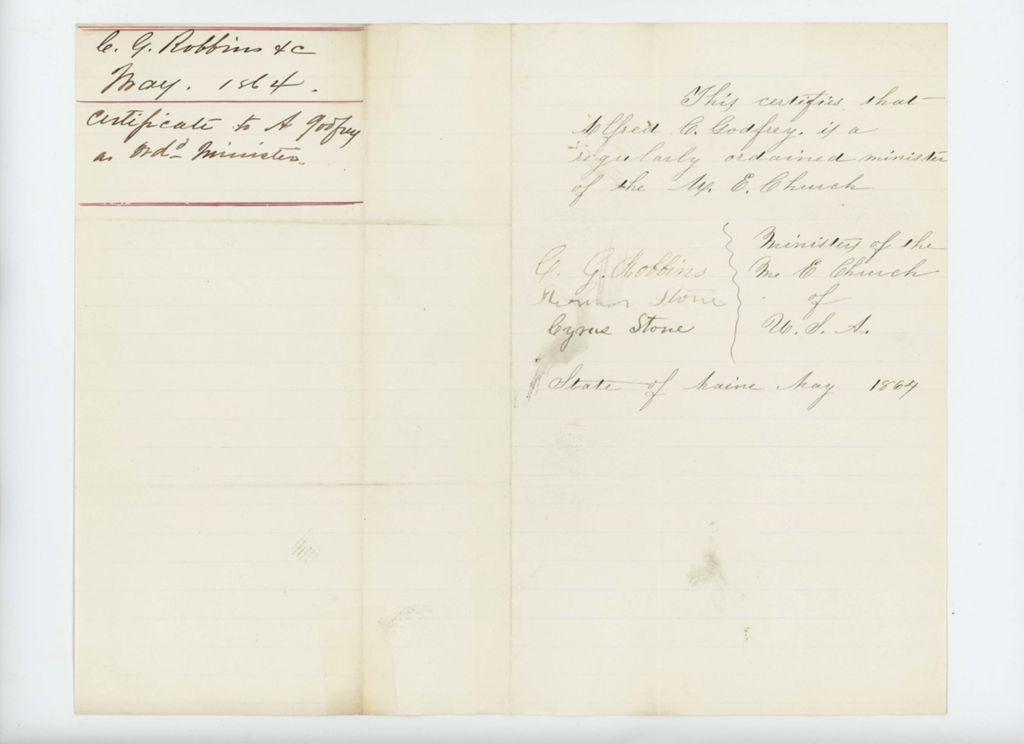 Miniature of Certification of Alfred Godfrey as an ordained minister