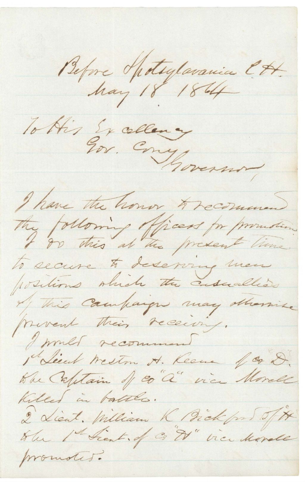 Miniature of Chamberlain recommends promotions and describes Spotsylvania battlefield