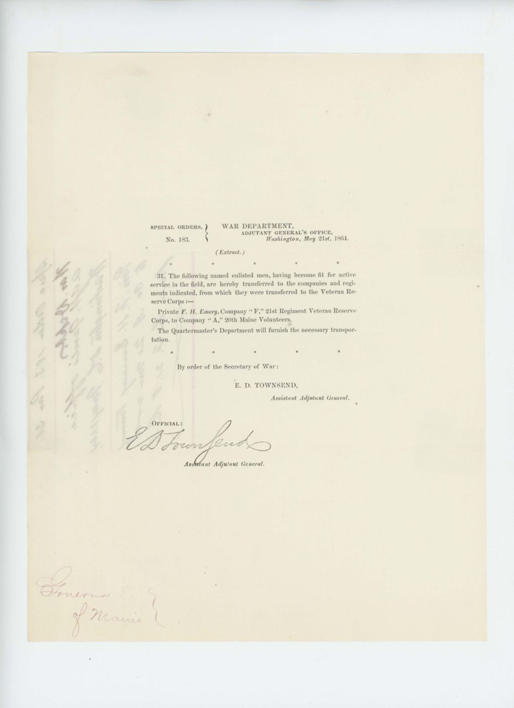 Miniature of Special Order 183 transferring Private F. H. Emery from 21st Veterans' Reserve Corps to Company A, 20th Maine