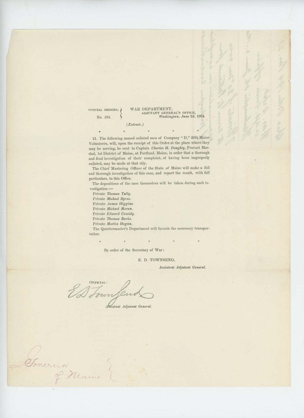 Miniature of Special Order 194 regarding complaints of improper enlistments