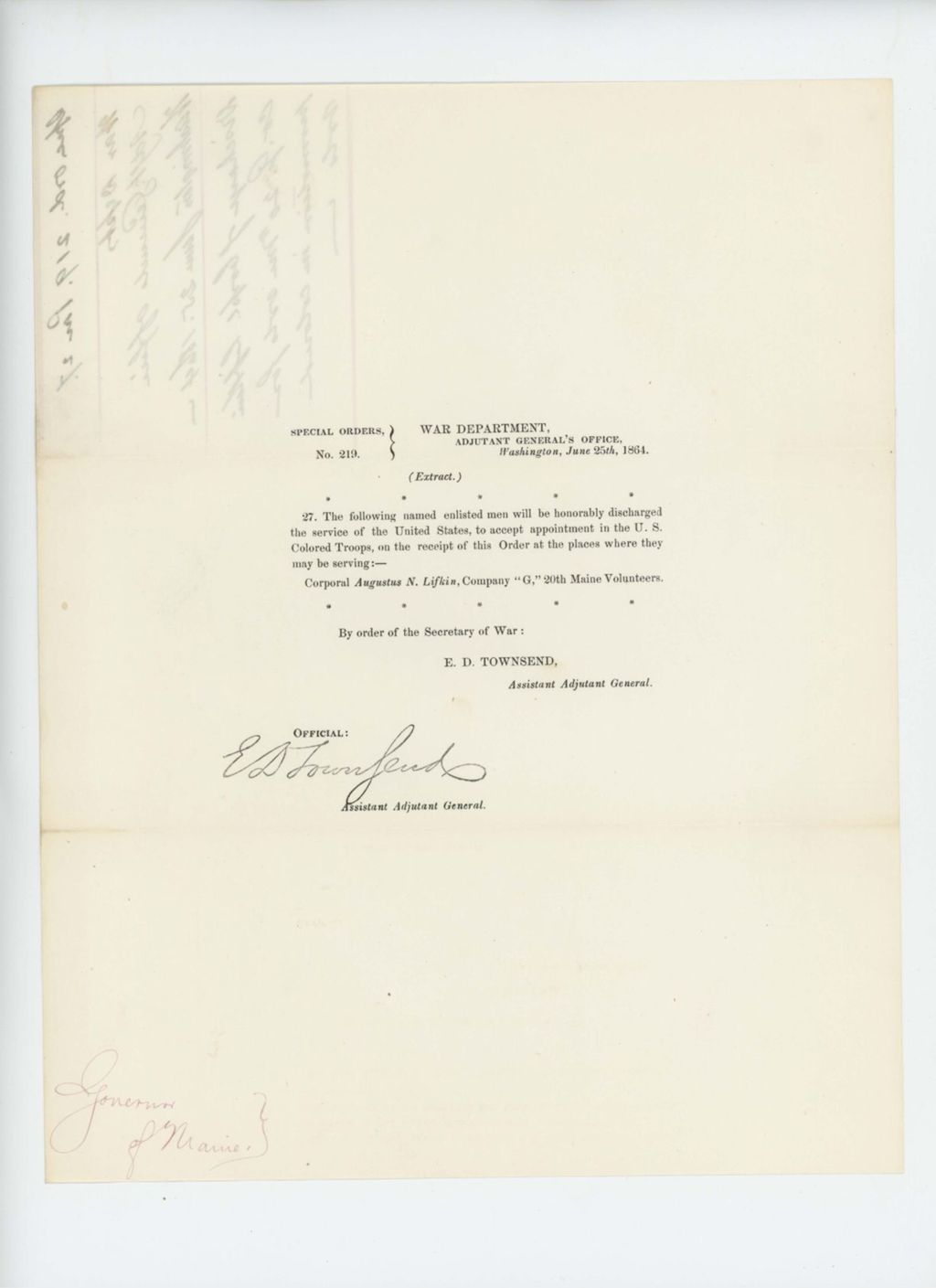 Miniature of Special Order 219 discharging Corporal Augustus N. Lifkin