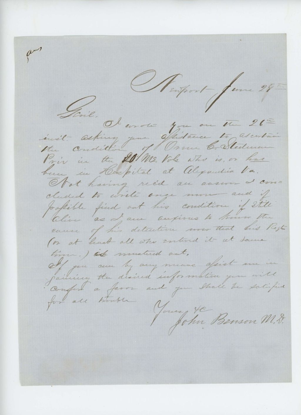 Miniature of Dr. John Benson inquires about the condition of Private Orrin C. Stedman