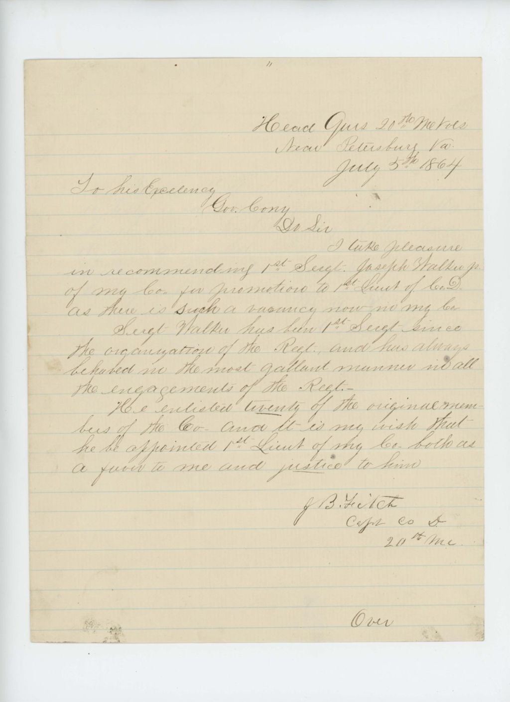 Miniature of Joseph Fitch recommends Sergeant Joseph Walker, Jr. for promotion to Lieutenant