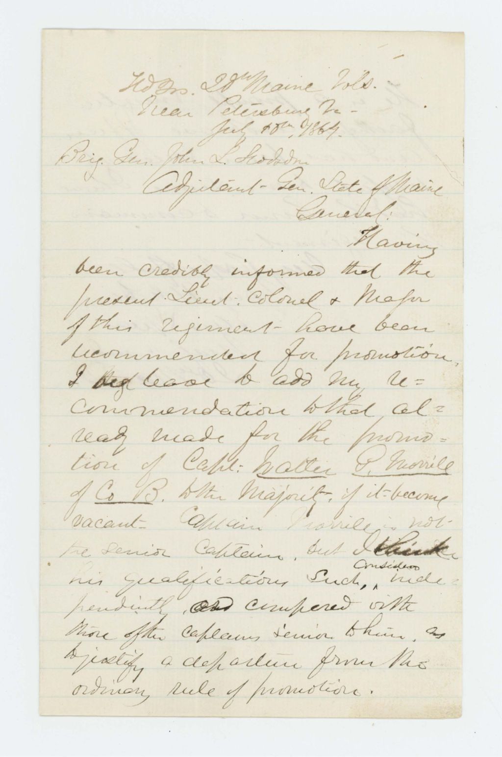 Miniature of Major Ellis Spear recommends Walter Morrill of Company B for promotion
