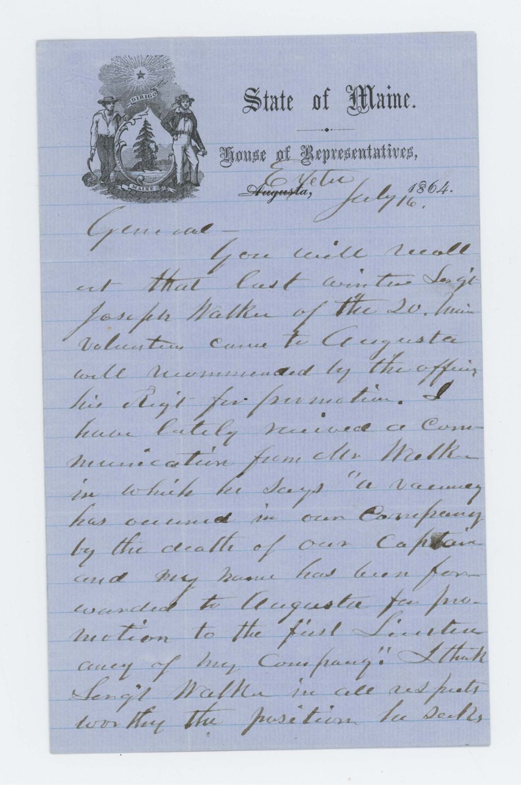 Miniature of Representative John Osgood recommends promotion of Sergeant Joseph Walker