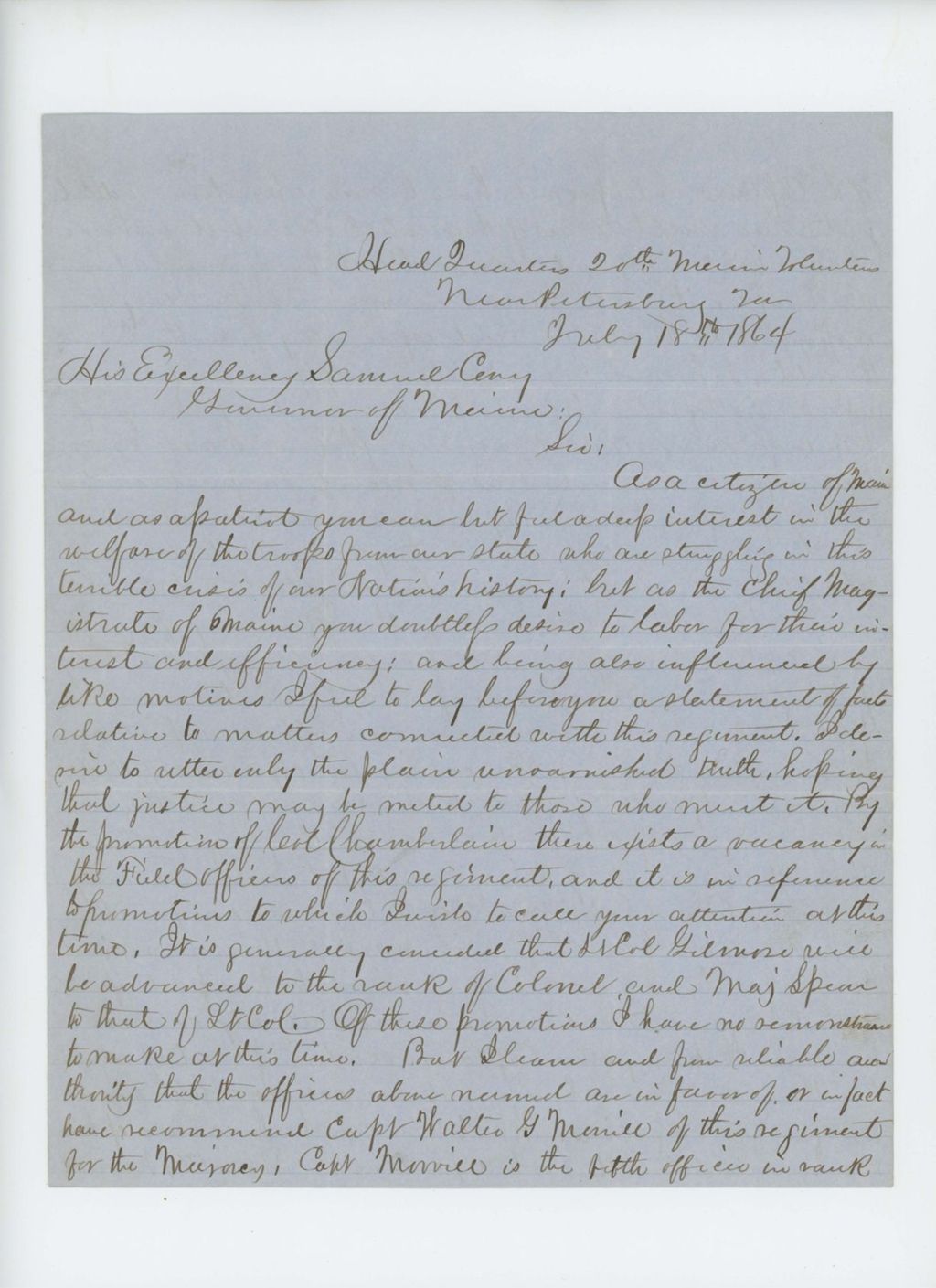 Miniature of Captain Joseph B. Fitch writes Governor Cony regarding promotions of Gilmore, Spear, and Morrill