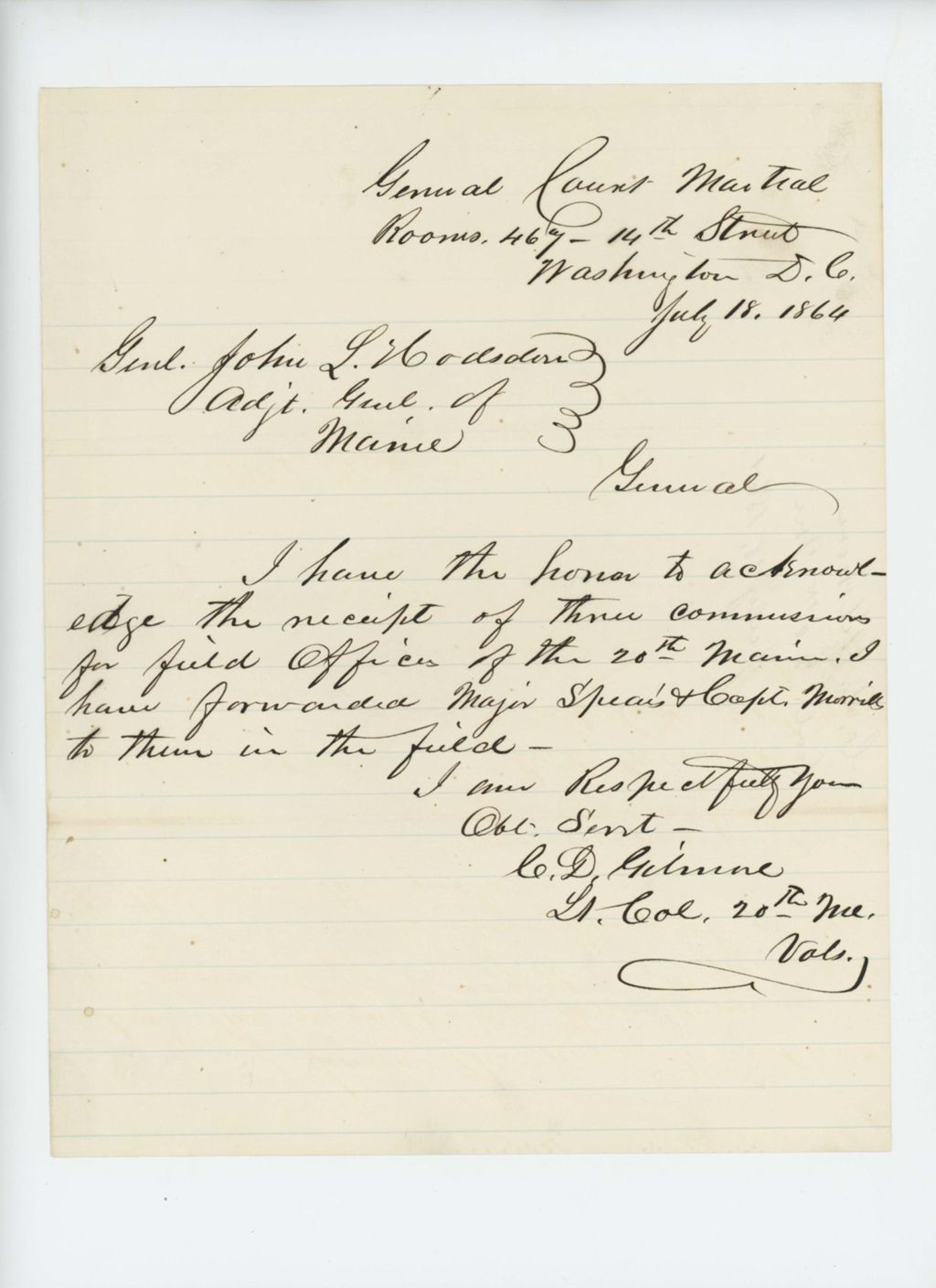 Miniature of Lt. Colonel Gilmore acknowledges receipt of three commissions