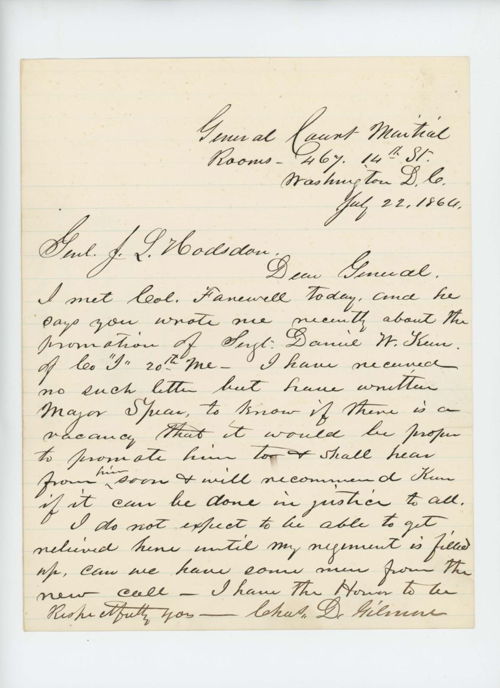 Miniature of Charles D. Gilmore inquires if a vacancy exists to promote Daniel Keene