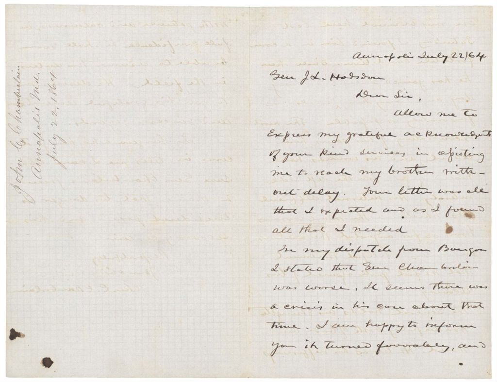 Miniature of John C. Chamberlain describes visit to gravely wounded brother Joshua Chamberlain