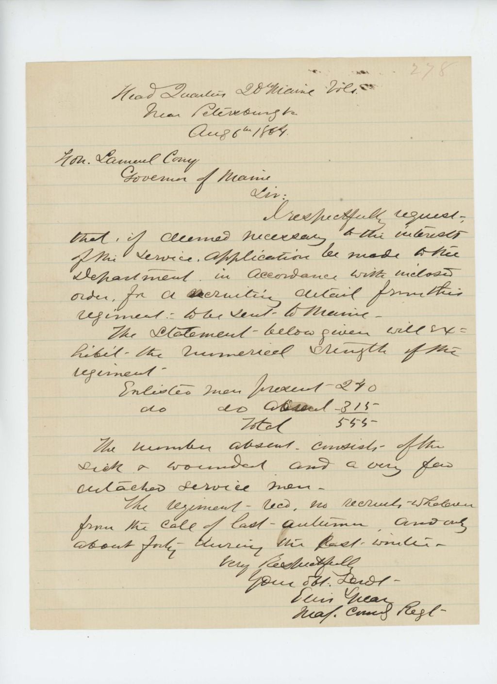 Miniature of Major Ellis Spear updates Governor Cony on numbers of enlisted and absent men
