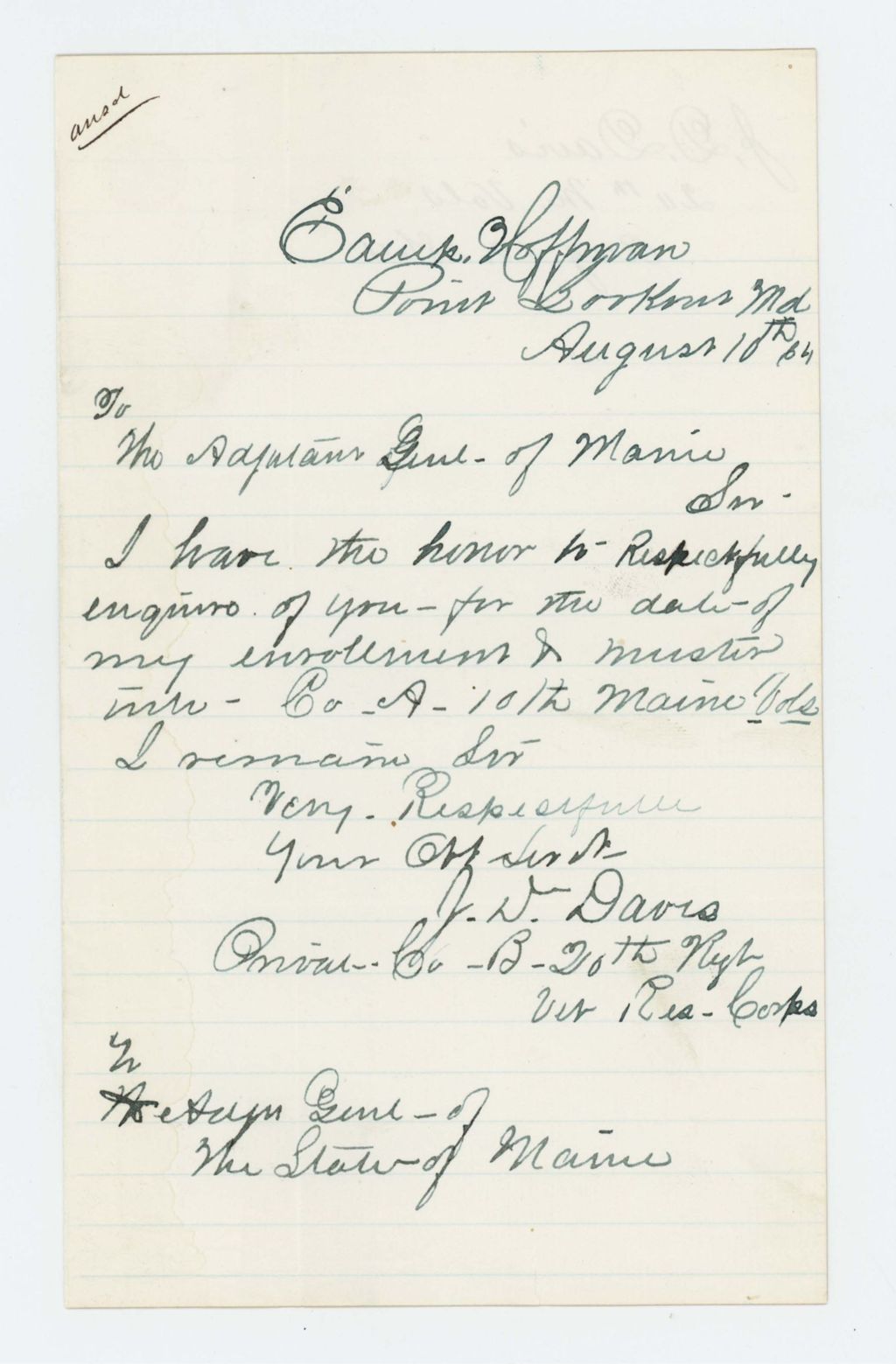 Miniature of Private J.D. Davis requests date of his enrollment and muster