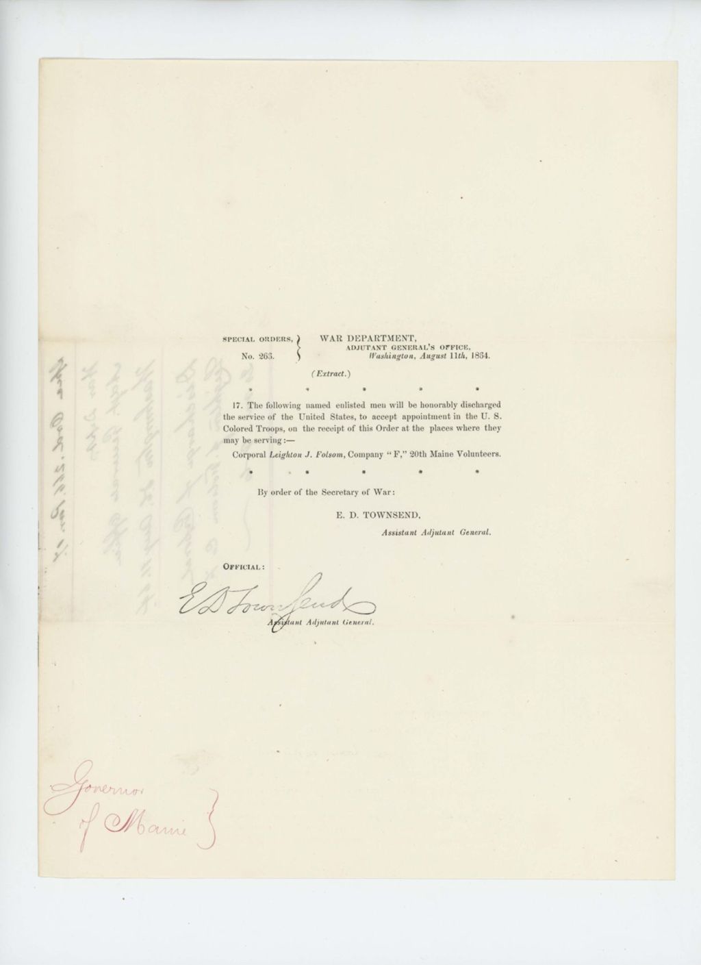 Miniature of Special Order 263 discharging Corporal Leighton J. Folsom to accept appointment in the US Colored Troops