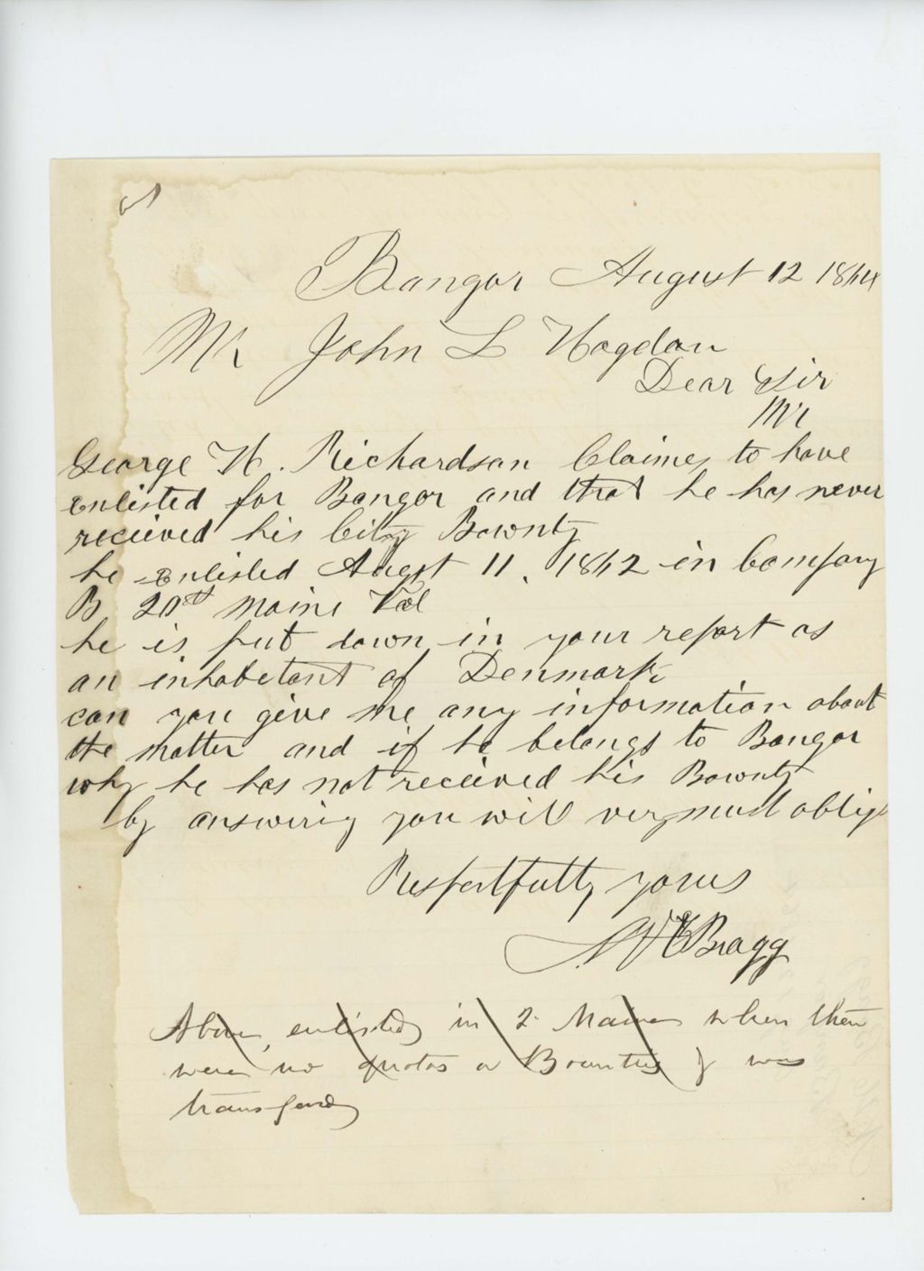 Miniature of N.H. Bragg inquires about bounty for George Richardson