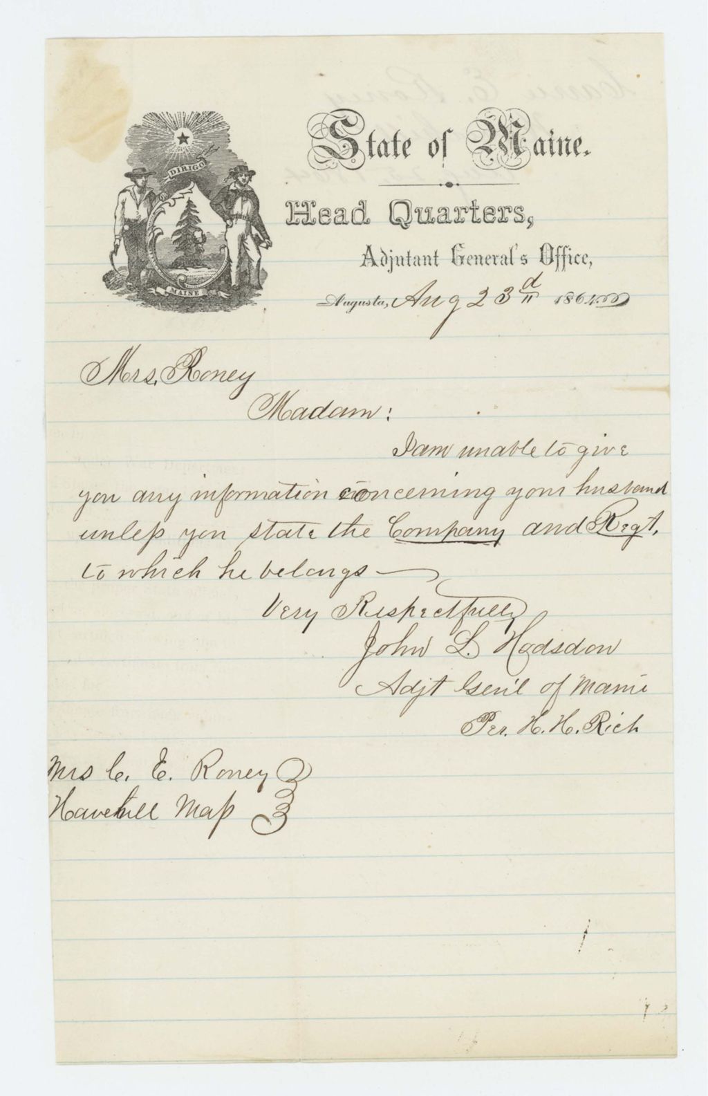 Miniature of Adjutant General Hodsdon replies to Caroline Roney asking about her husband's company and regiment