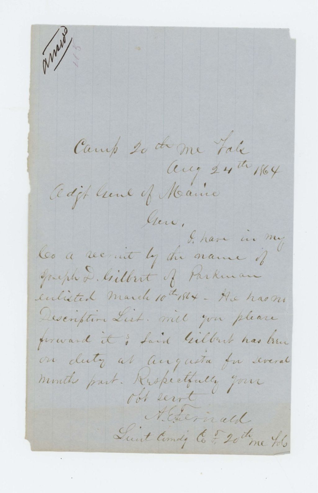 Miniature of Lieutenant A.E. Fernald requests a descriptive list for Joseph D. Gilbert