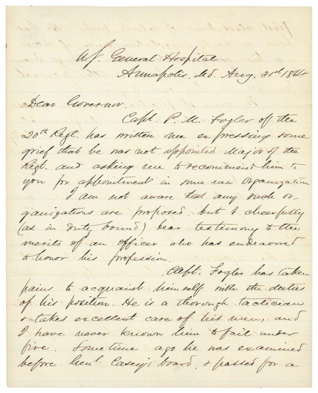 Miniature of Chamberlain to Governor Cony regarding Captain Fogler