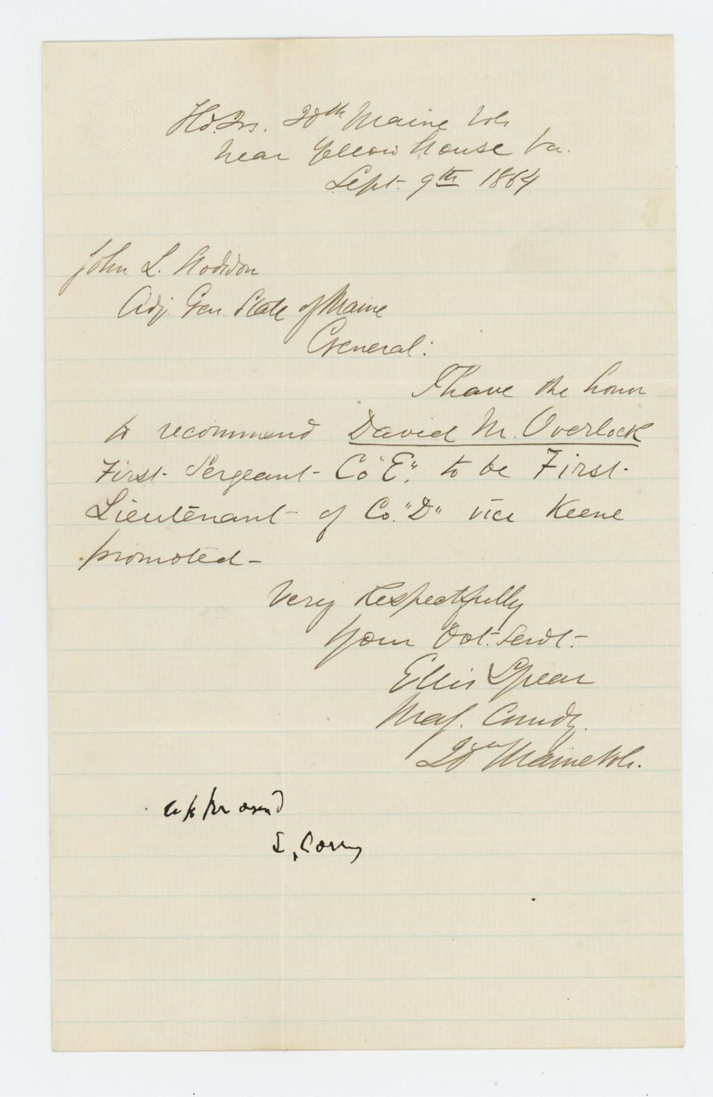 Miniature of Ellis Spear recommends David Overlock for promotion to 1st Lieutenant