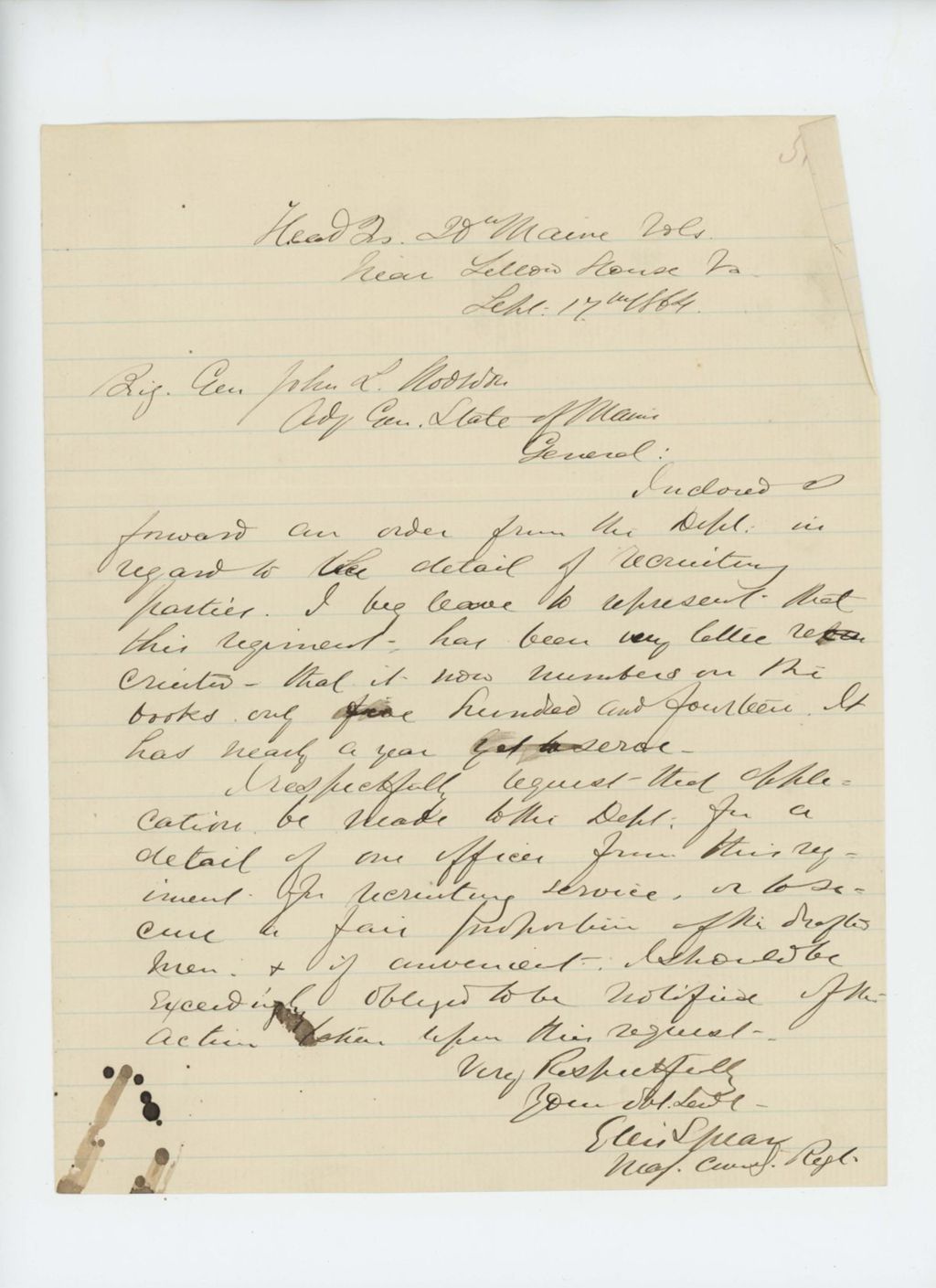 Miniature of Major Ellis Spear inquires about recruiting