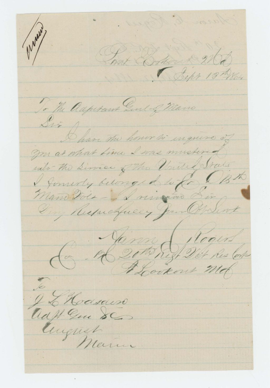 Miniature of Aaron C. Rogers inquires about his muster-in date