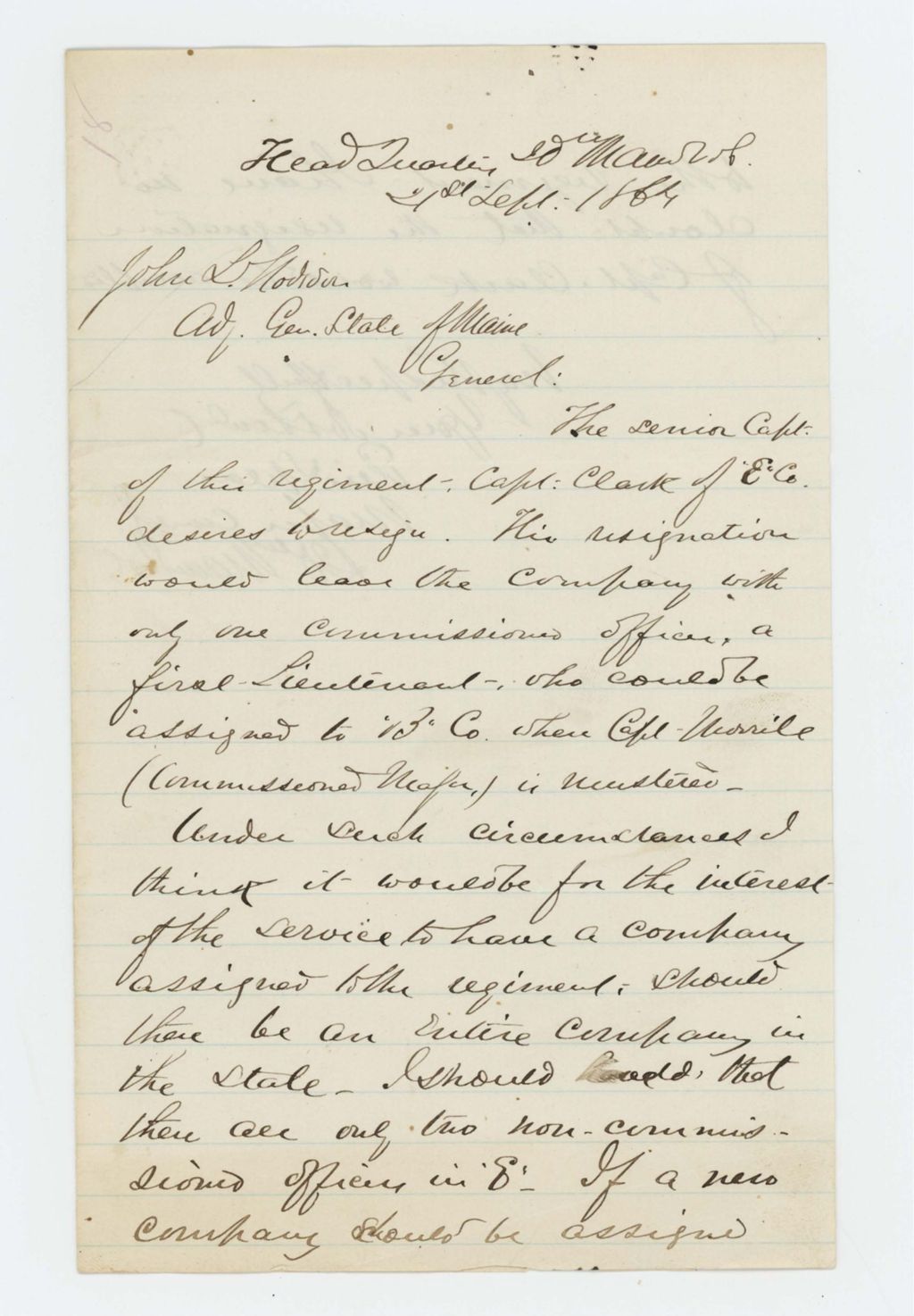 Miniature of Major Ellis Spear writes regarding resignation of Captain Clark