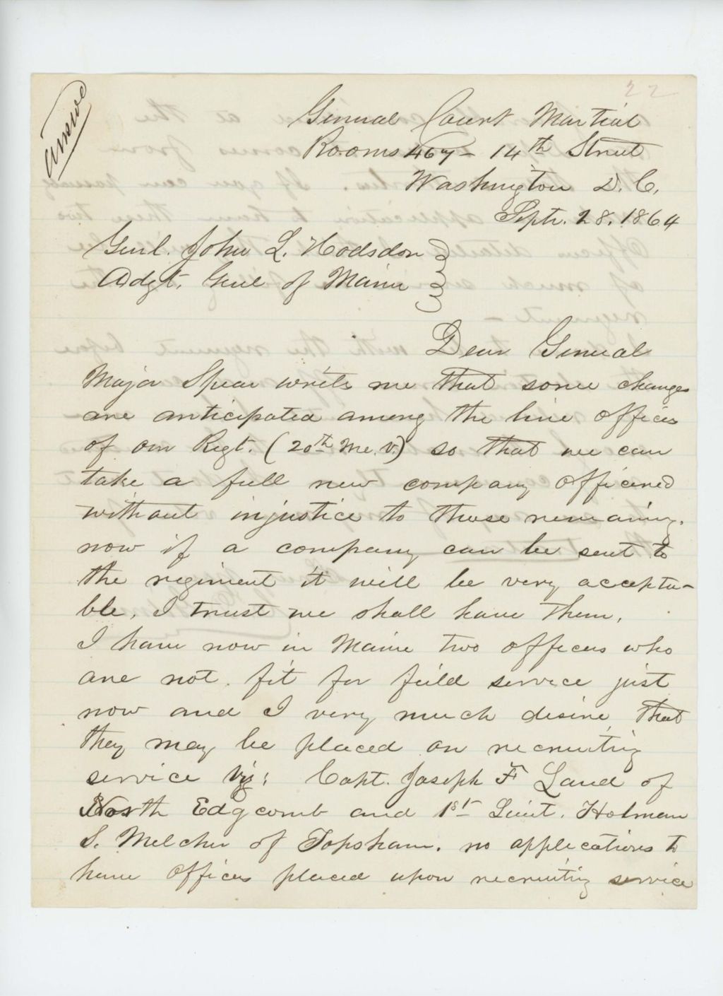Miniature of Charles Gilmore requests that Joseph Land and Holman Melcher be placed as recruiting officers as they are not fit for field service