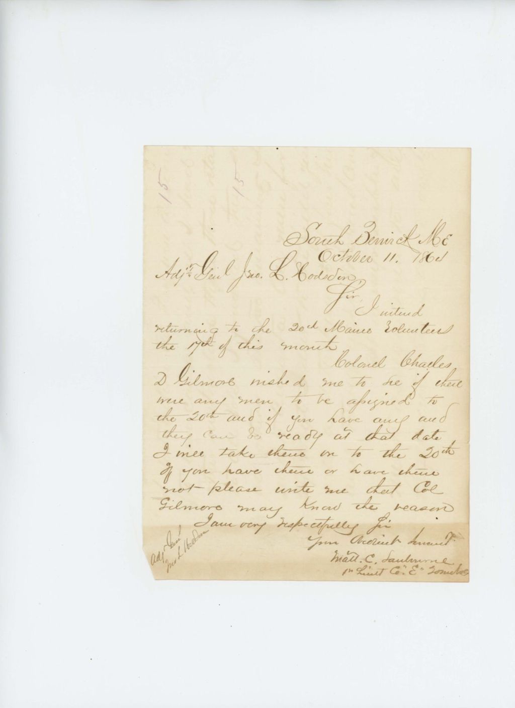 Miniature of Mattson Sanborn writes regarding his return to the regiment
