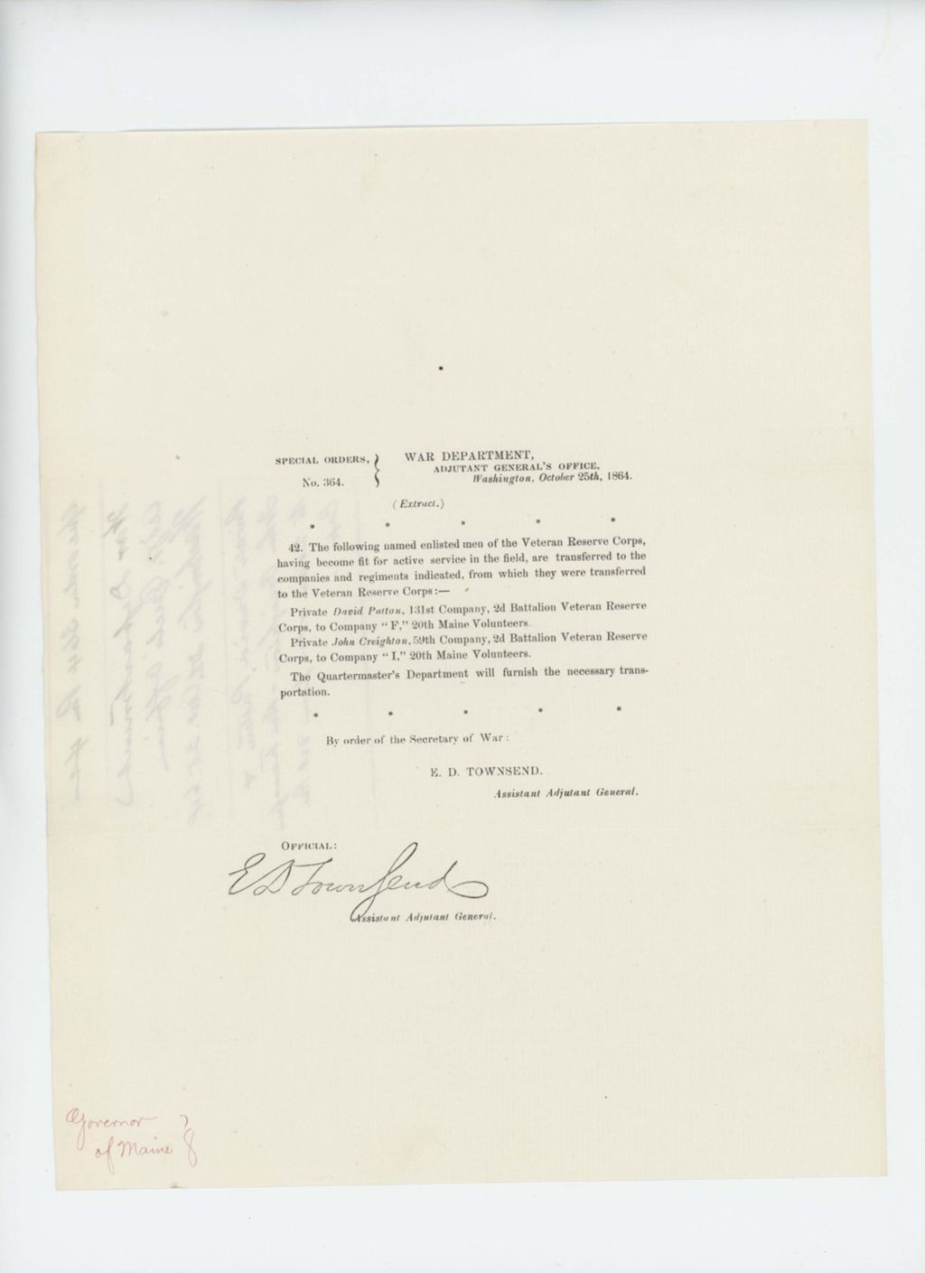 Miniature of Special Order 364 transferring David Patton and John Creighton to active service
