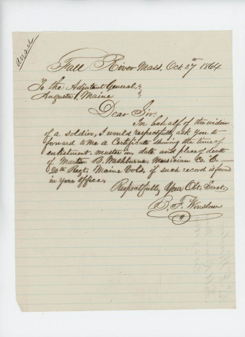 Miniature of B.F. Winslow requests enlistment, muster, and date of death on behalf of the widow of Martin B. Washburne, musician