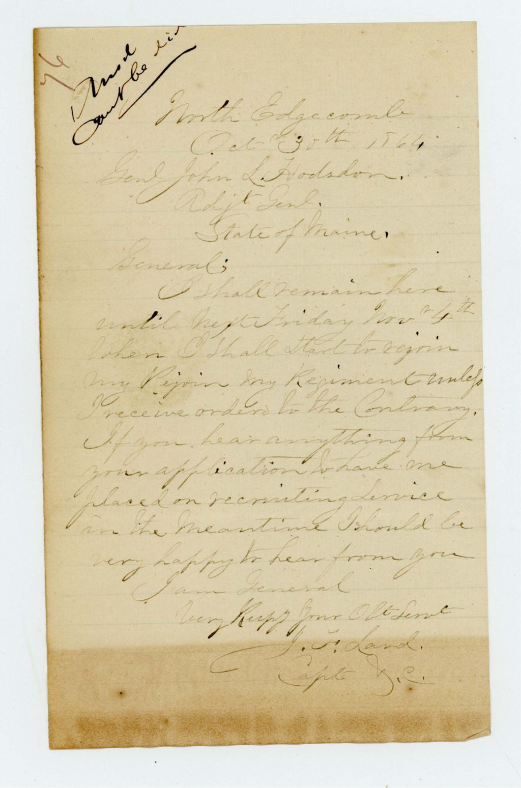 Miniature of Captain J.F. Land regarding recruitments and his return to the regiment