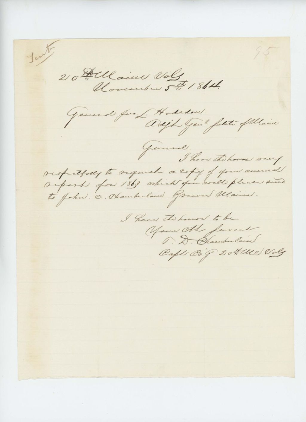 Miniature of Captain Thomas D. Chamberlain requests a copy of the 1863 annual report