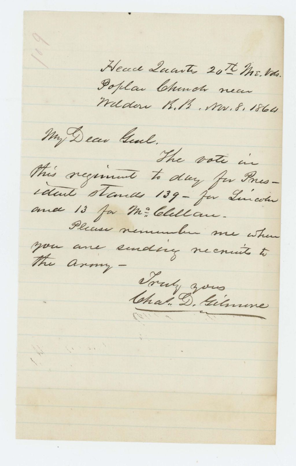 Miniature of Charles Gilmore relays the regimental votes for President