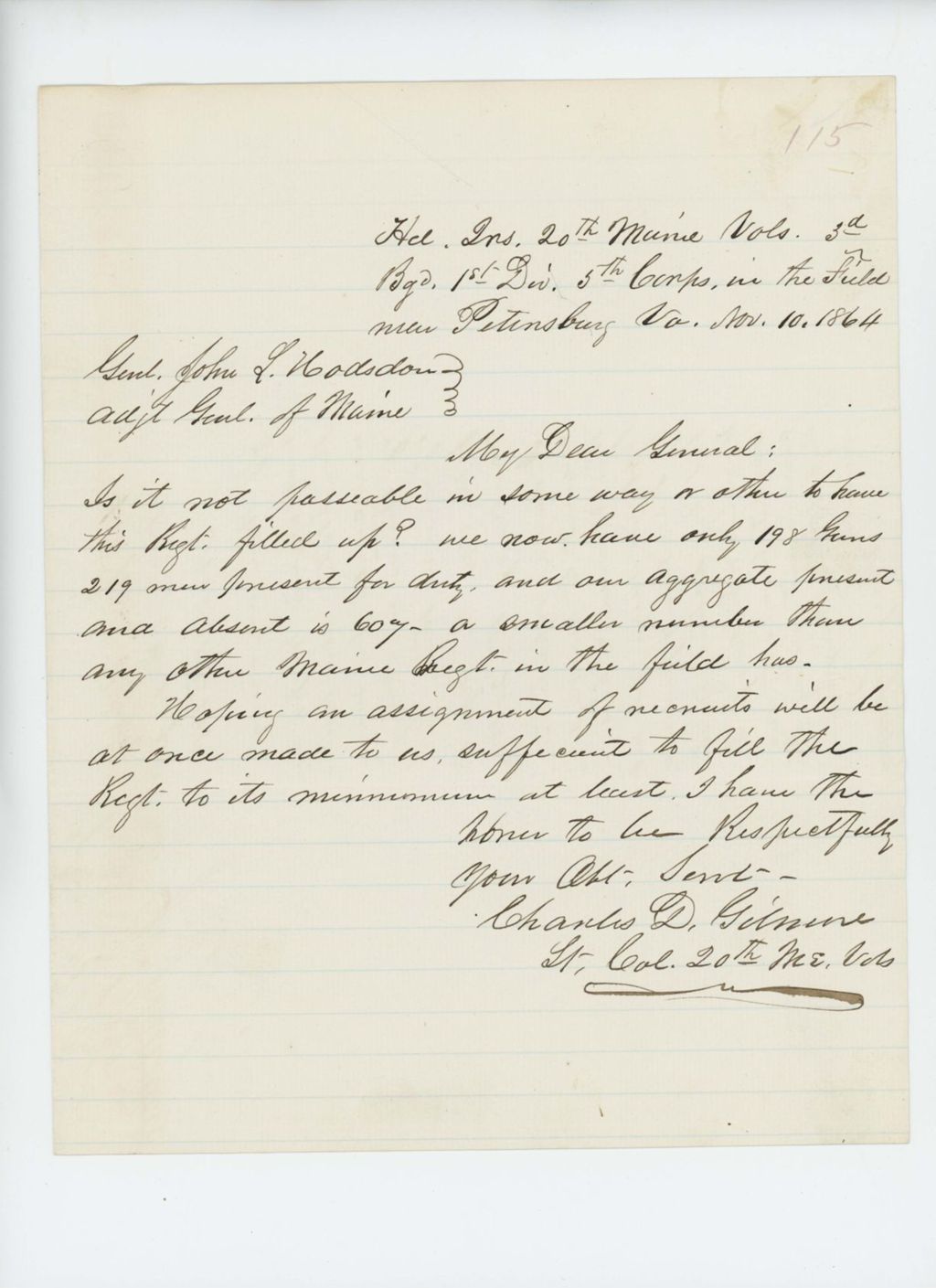 Miniature of Lieutenant Colonel Charles Gilmore requests the regiment be filled
