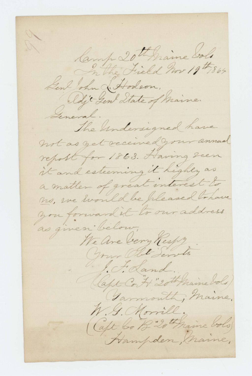 Miniature of Captains J. F. Land and Walter G. Morrill request copies of the 1863 annual report