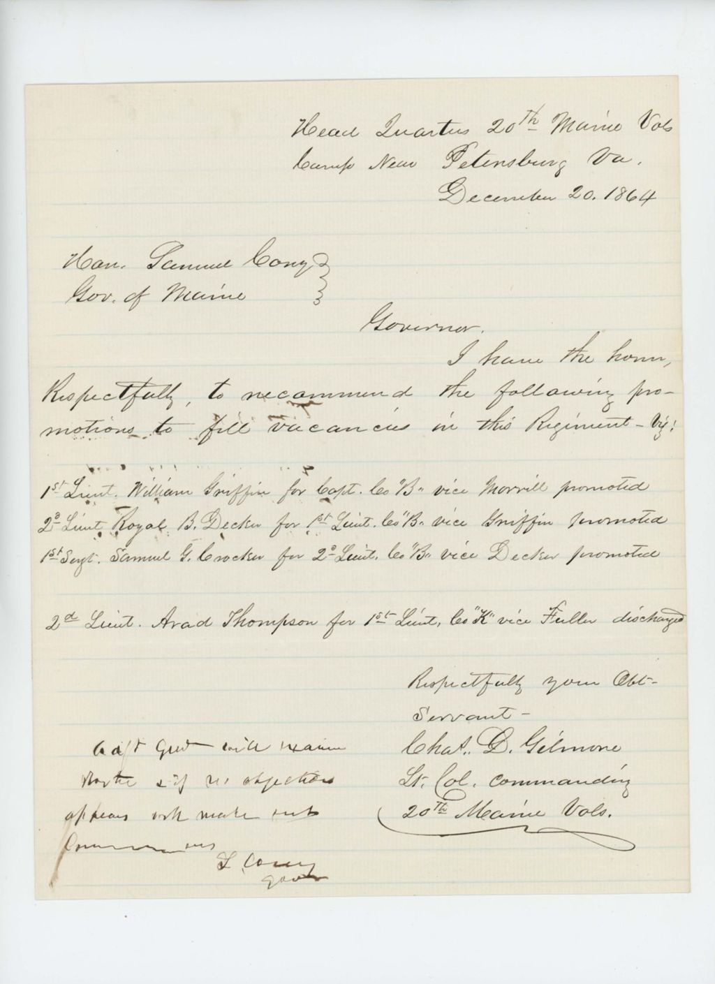 Miniature of Colonel Gilmore recommends promotions of Griffin, Decker, Crocker, and Thompson