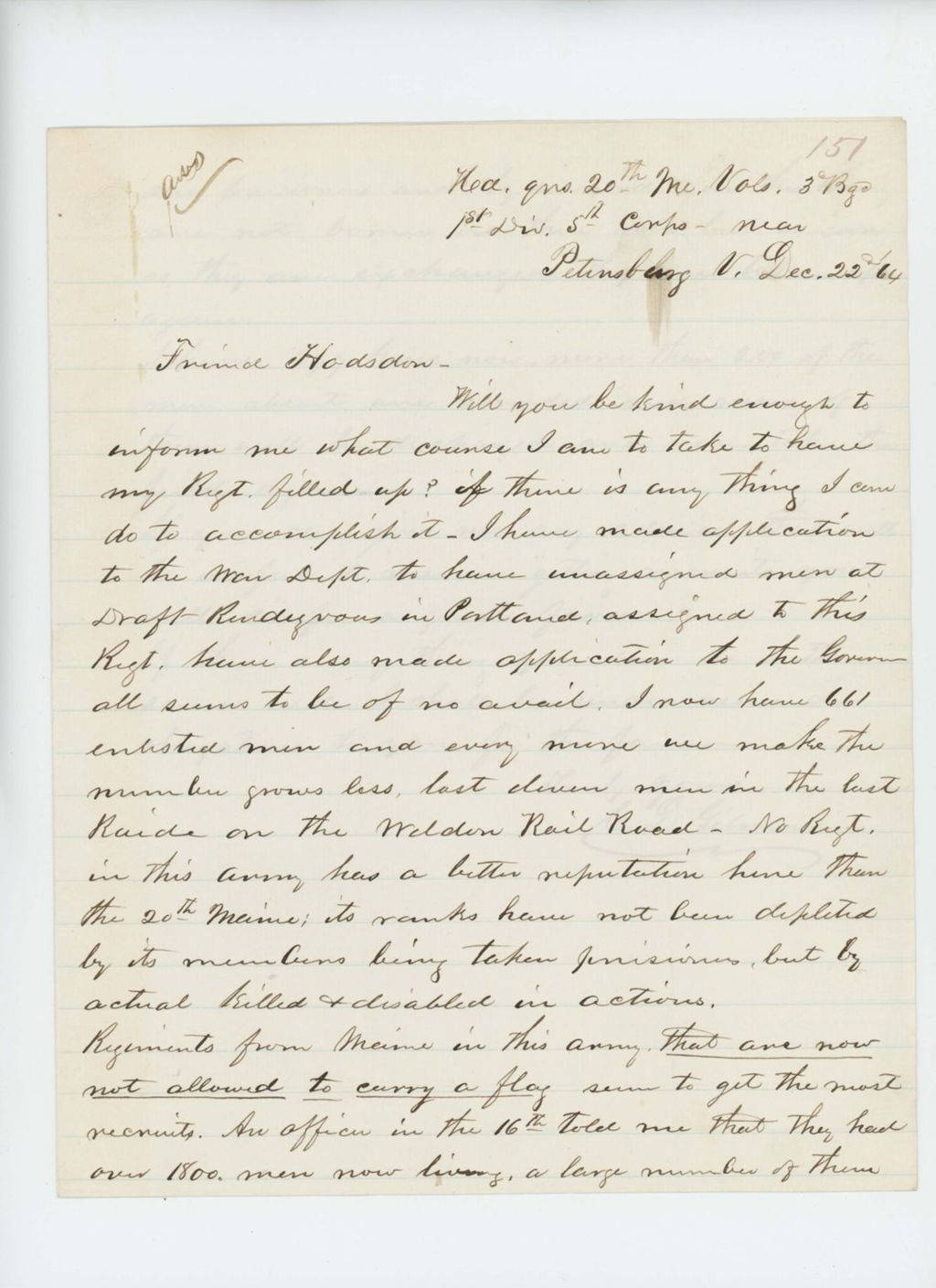 Miniature of Colonel Gilmore again requests the regiment be filled as more than 200 men are absent and wounded