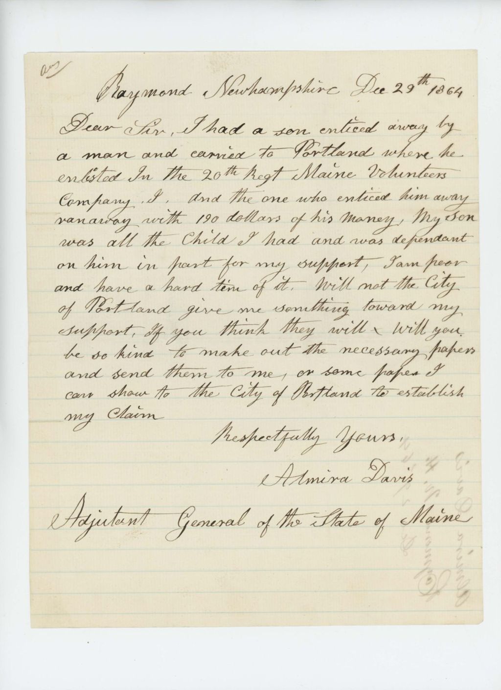Miniature of Almira Davis requests support from her son's enlistment